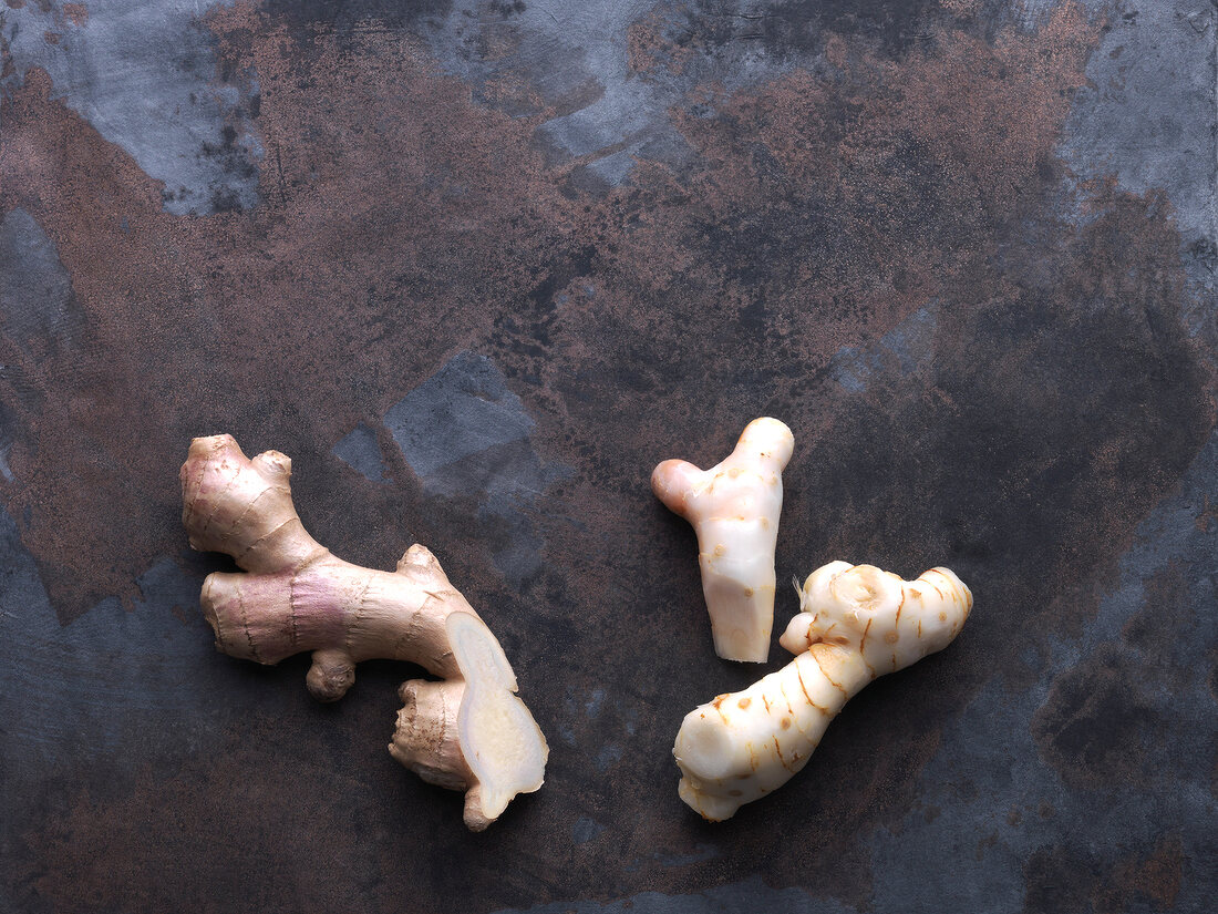 Close-up of ginger tubers, overhead view
