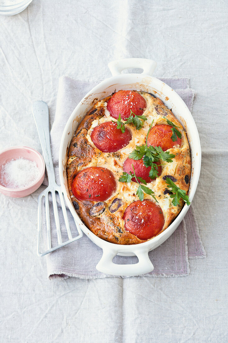 Tomatoes and feta clafoutis in casserole