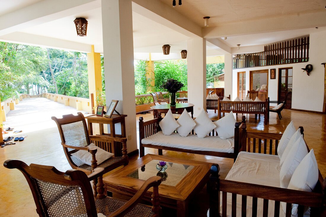 Sri Lanka, Weligama, Barberyn Reef Ayurveda Resort, Eingang, Terrasse