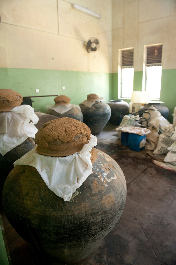 View of old pots covered with cloth and clay lid at Ayurveda Health Centre in Sri Lanka