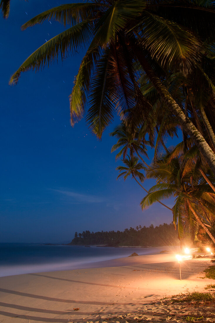 View of beach and palm trees at night in Tangalle, Hambantota District, Sri Lanka