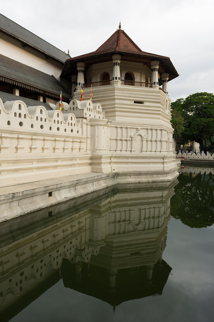 View of Sri Dalada Maligawa temple and reflection in water, Kandy, Sri Lanka