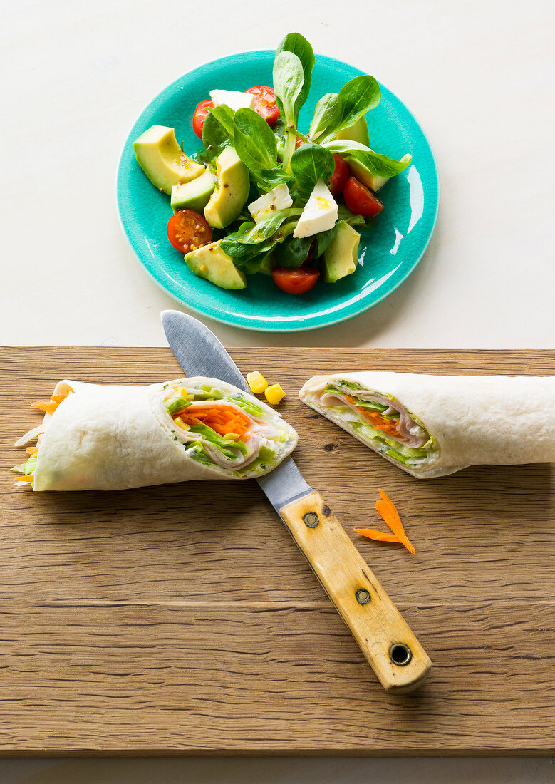 gesunder Darm, Feldsalat mit Avocado und Tomaten, Wraps