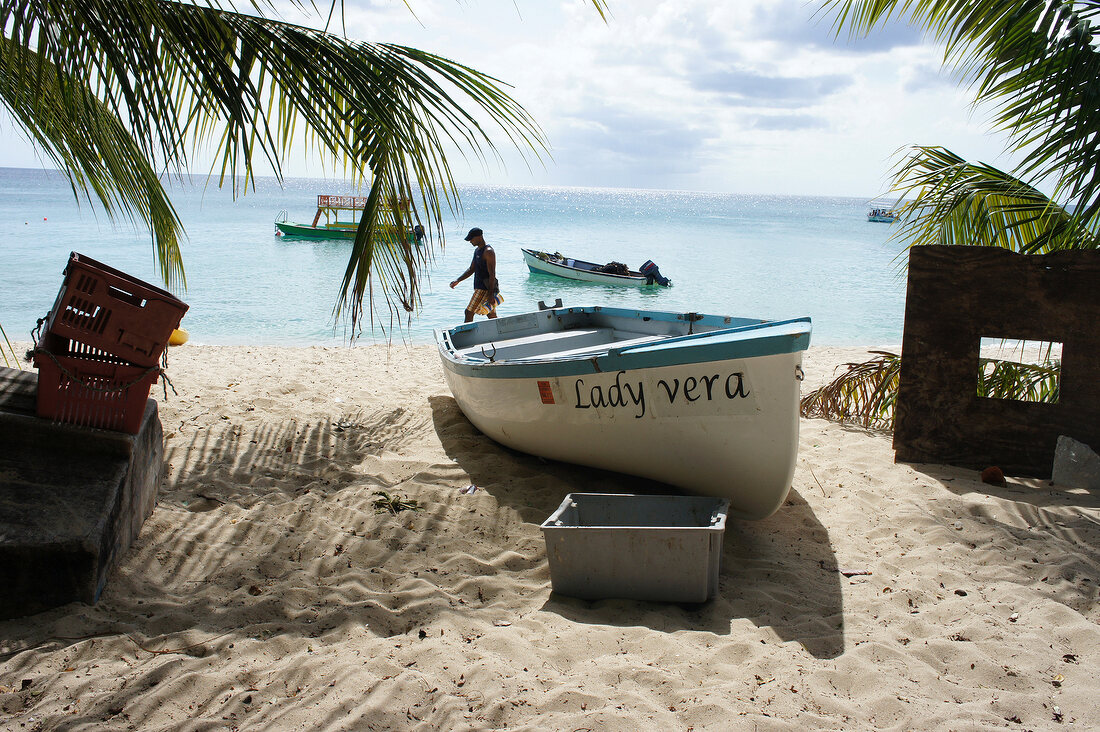 Boat on beach of Lesser Antilles at Caribbean island, Barbados