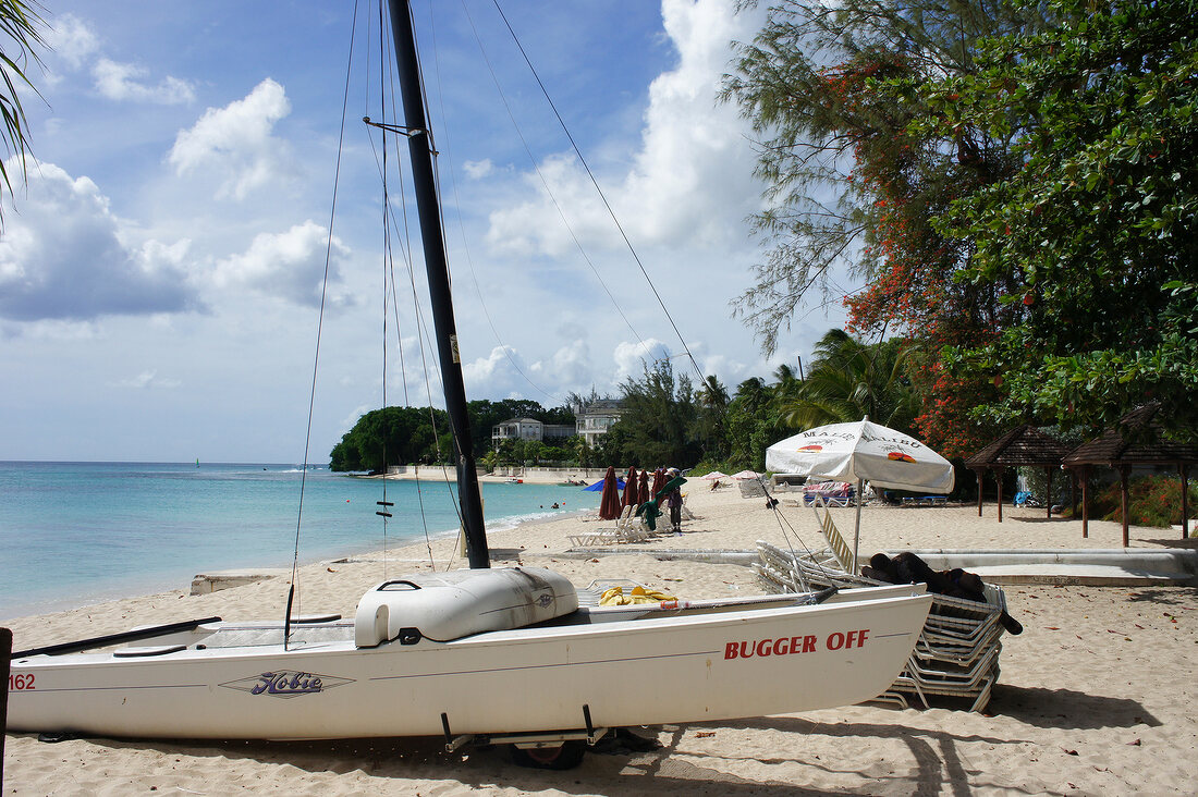 Boat on beach of Lesser Antilles at Caribbean island, Barbados