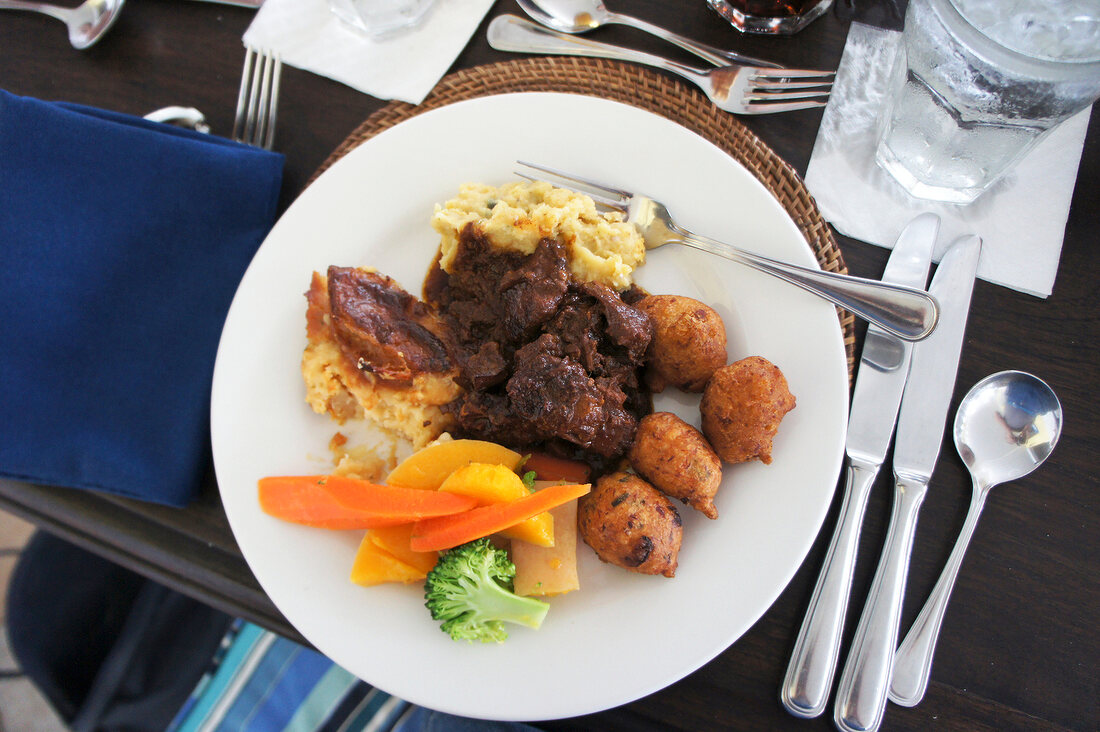 Meal served on plate in the island of Lesser Antilles, Caribbean, Barbados