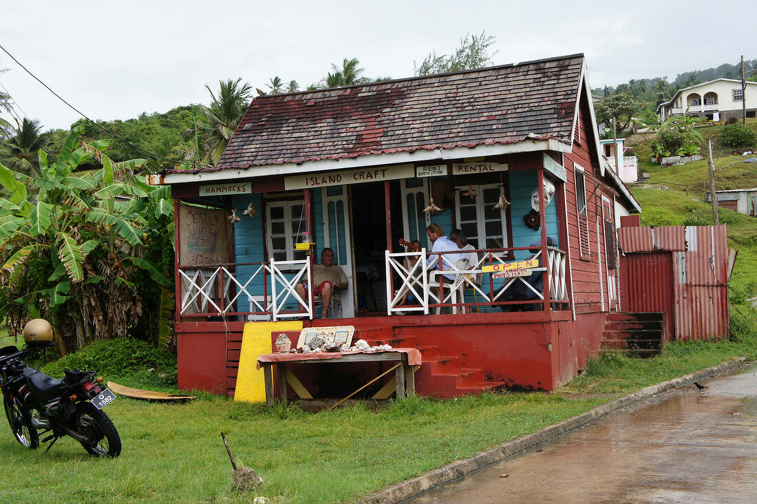 View of house with people at Lesser Antilles, Caribbean island, Barbados