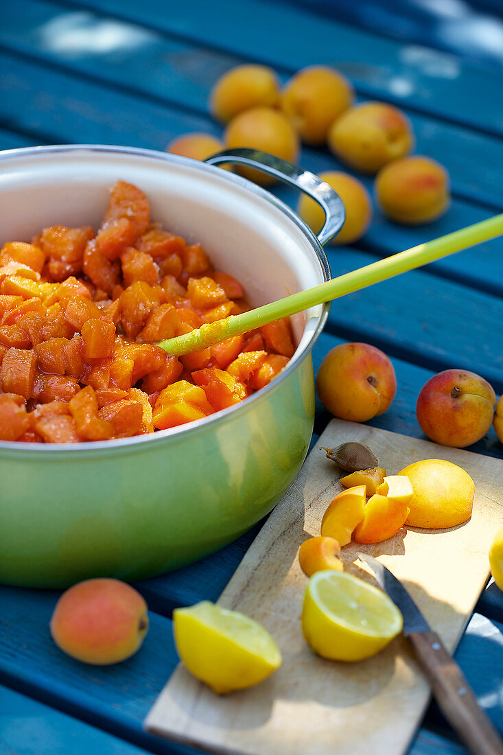 Landküche, klein geschnittene Aprikosen im Topf, Marmelade kochen