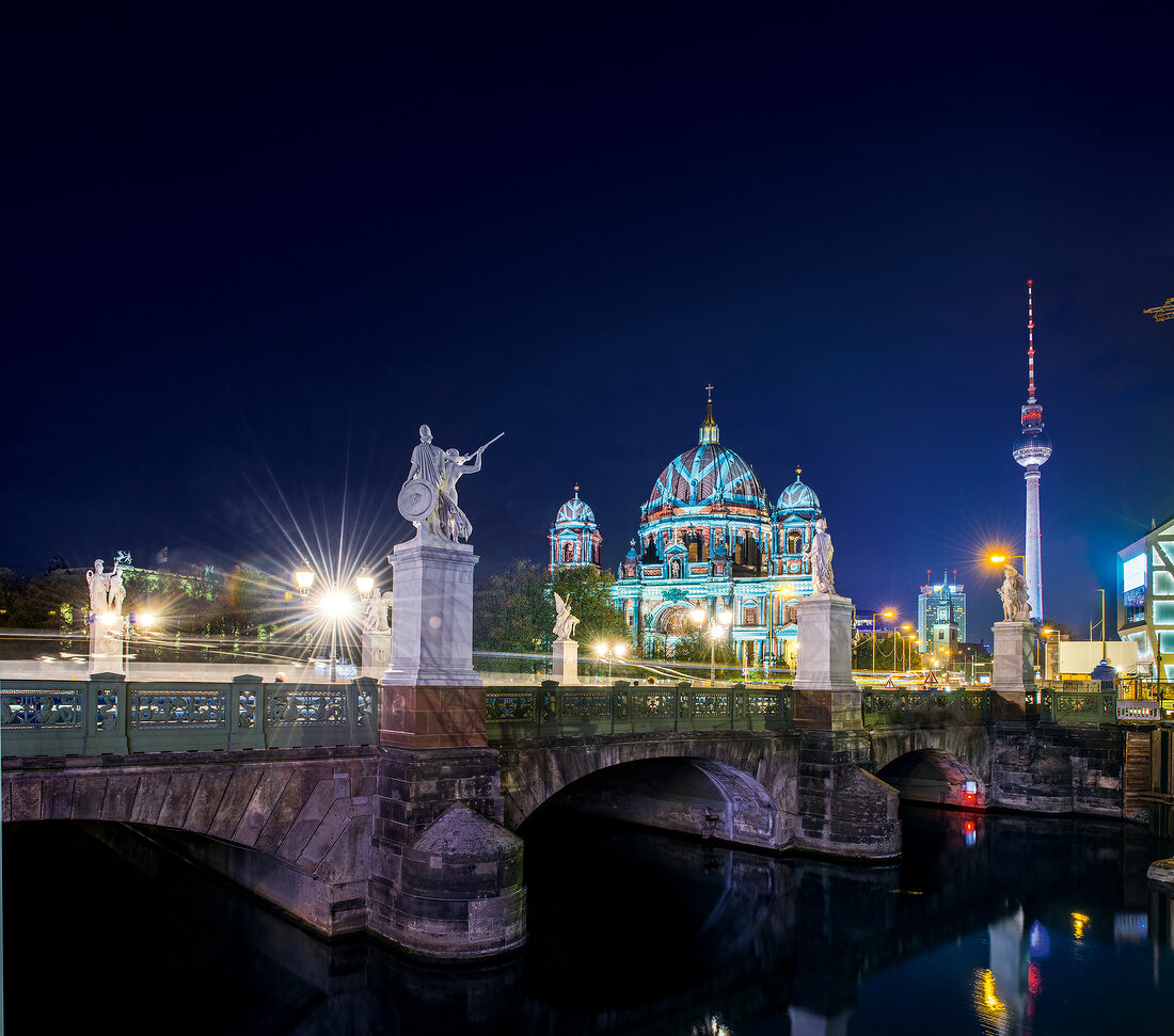 View of Berlin Cathedral with palace bridge and Tv tower in Berlin, Germany