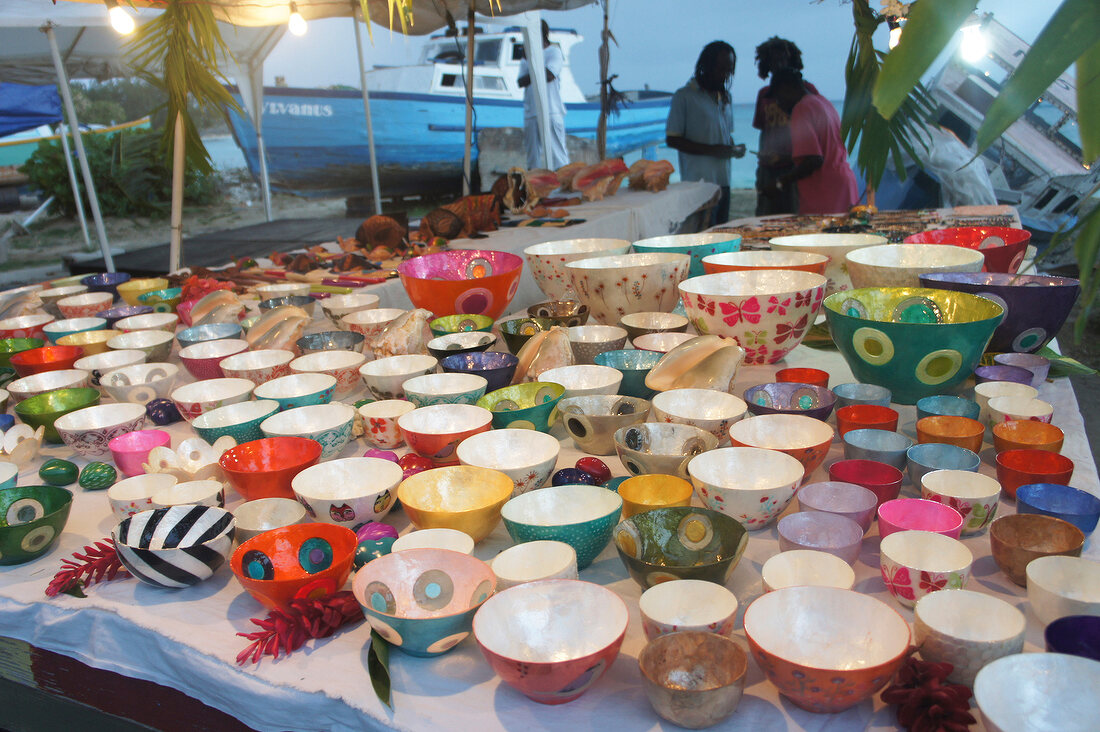 Different painted bowls on table at  Lesser Antilles, Caribbean island, Barbados