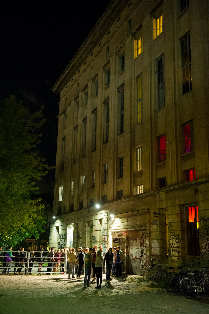 People in queue at a club in Friedrichshain, Berlin, Germany