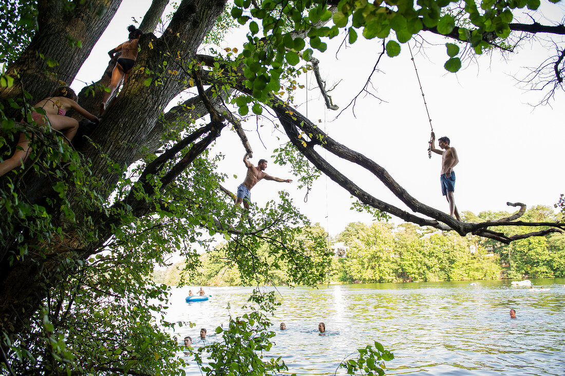People in lake while two men on tree in Nikolasee, Berlin, Germany
