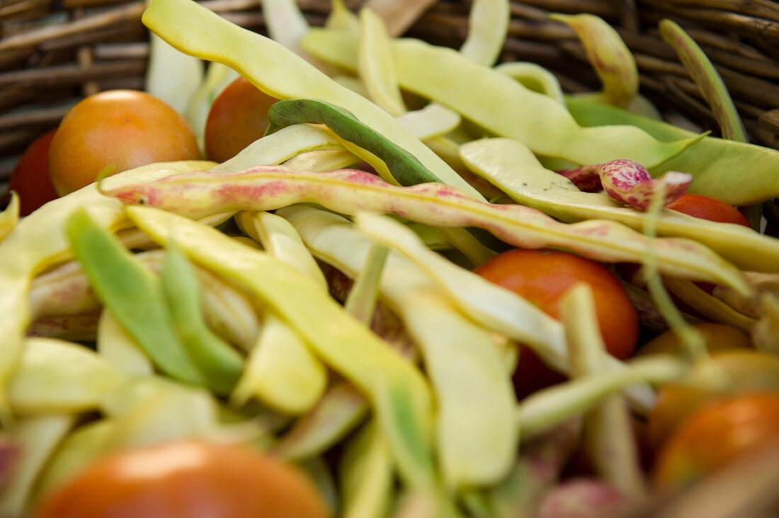 Close-up of beans and vegetables in basket, Berlin