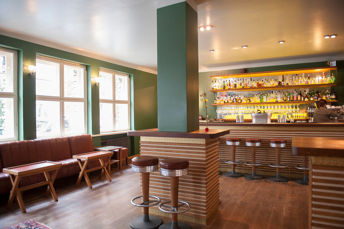 View of bar counter at Pauly Saal, former girl's school, Berlin, Germany