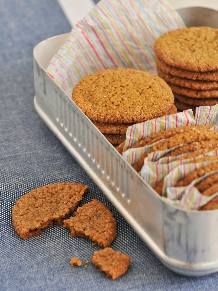 Close-up of three types of ginger biscuits in tray