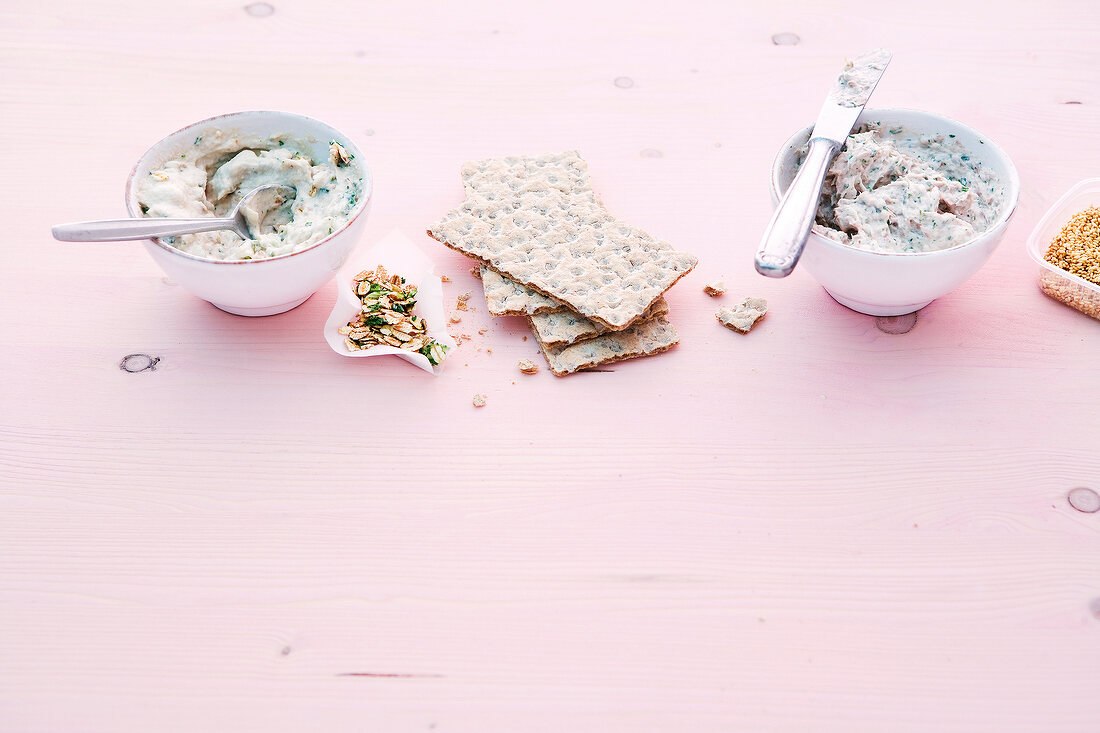 Cream mackerel and sesame tuna cream in bowl on pink background
