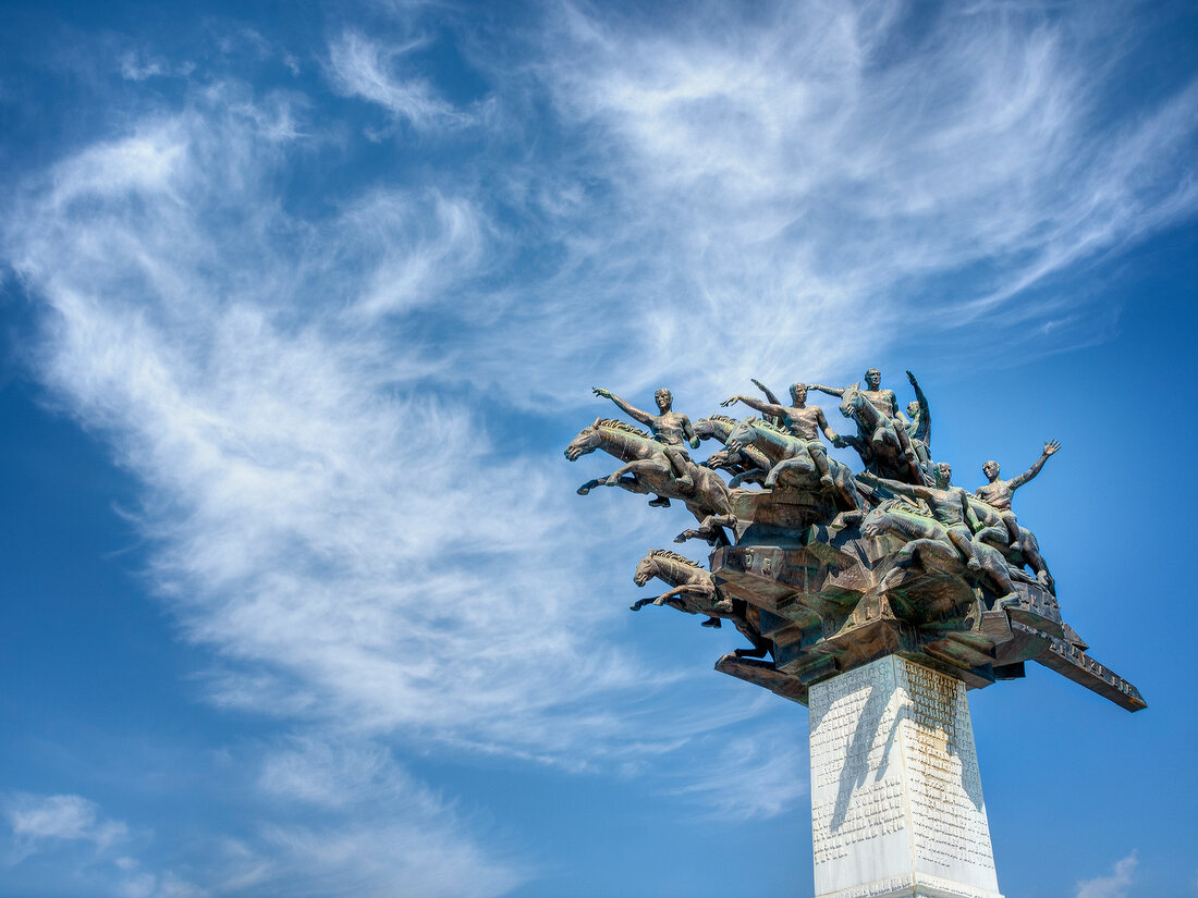 Memorial statue on promenade in Alsancak, Aegean Region, Turkey, low angle view