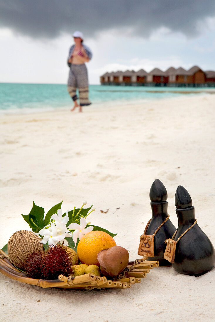 Bowl of fruit and bath accessories in Dhigufinolhu Island, Maldives