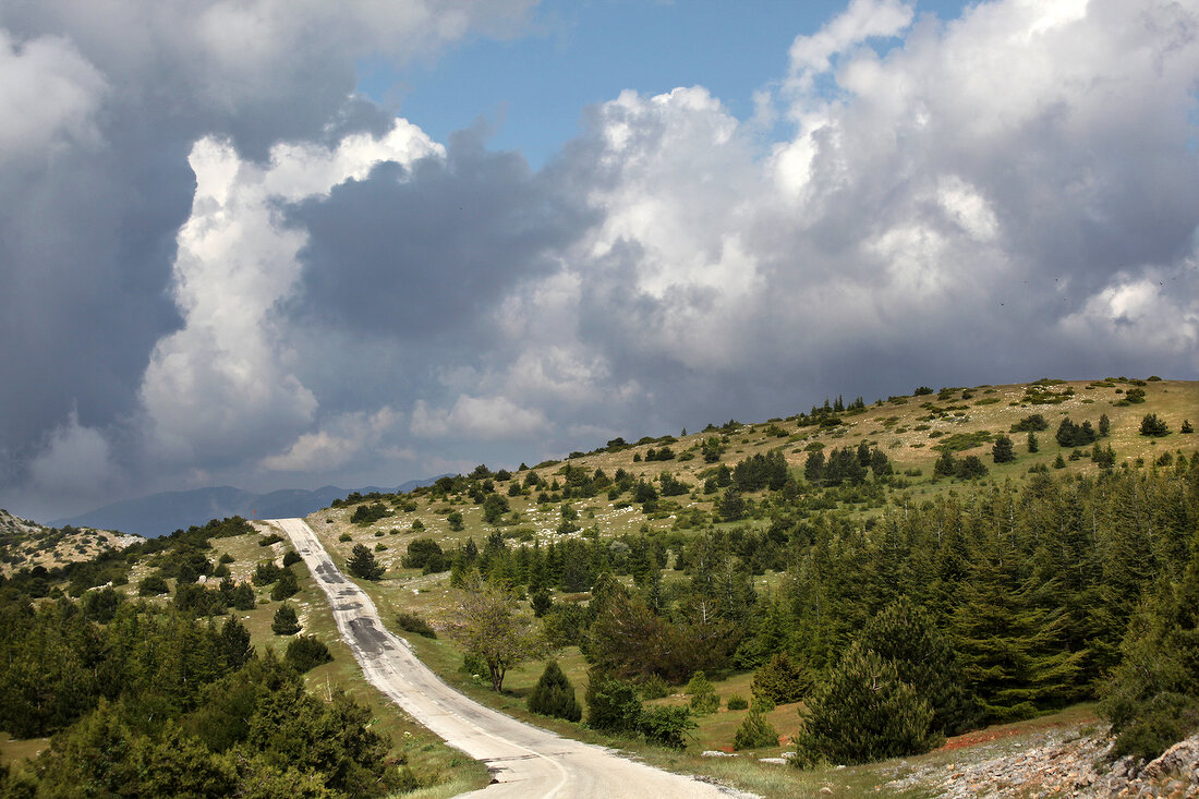 View of Spil Dagi National Park with road in Aegean, Turkey