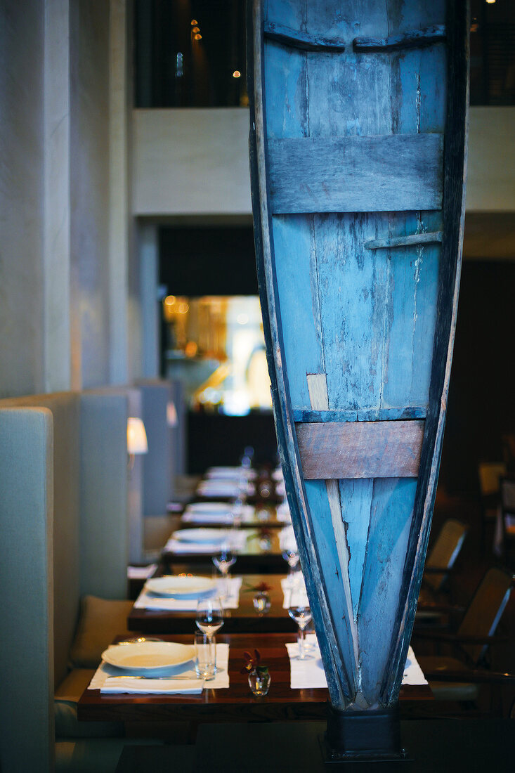 View of wooden canoe at restaurant D.O.M in S�o Paulo, Brazil