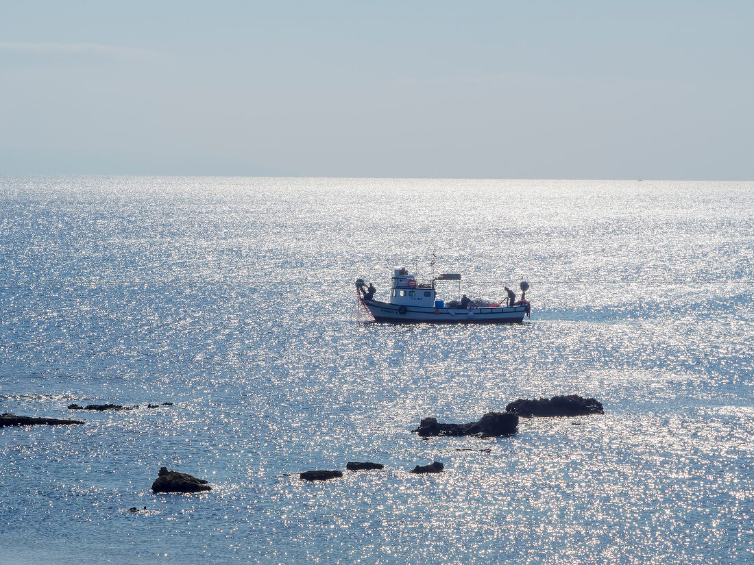View of fishing boat in sea in Bozcaada, Aegean, Turkey