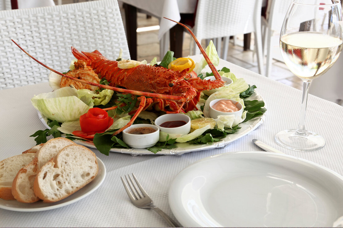 Lobster with dips in restaurant at Bodrum Peninsula, Aegean, Turkey