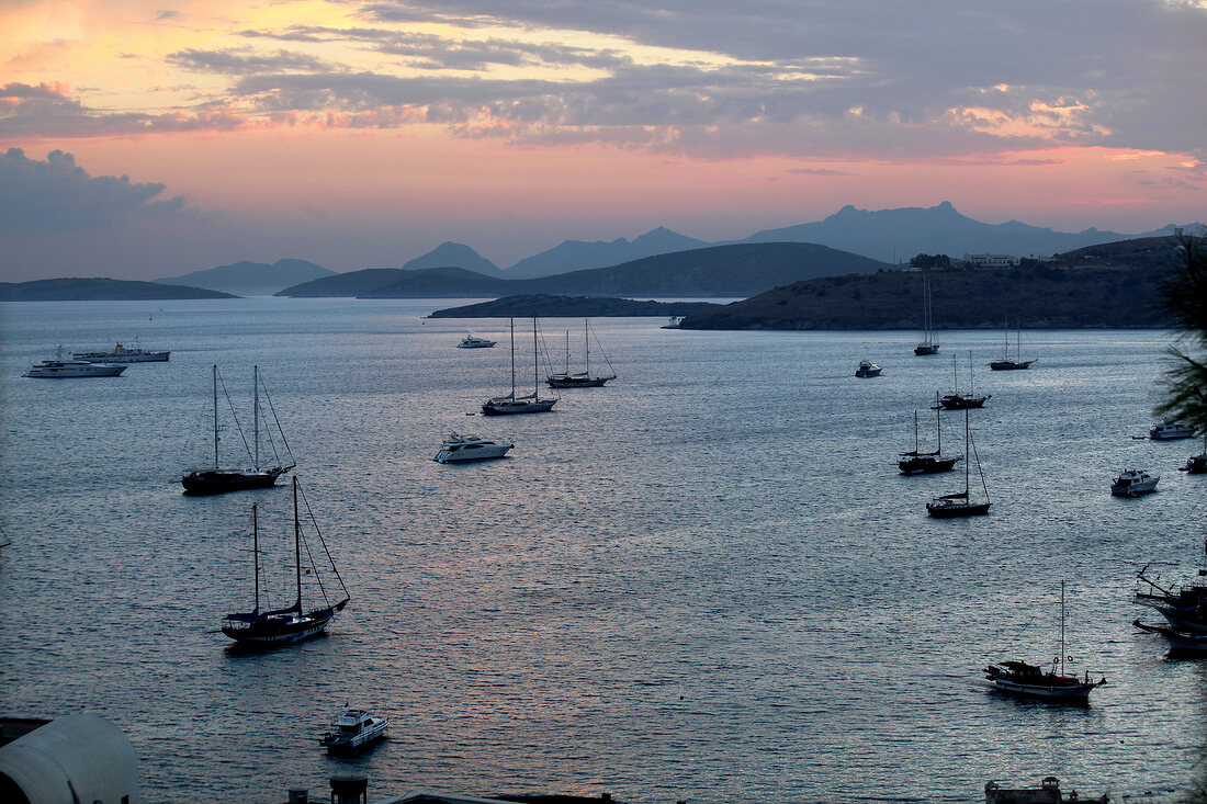 View of sailing boats in Mediterranean, Bodrum Peninsula, Aegean, Turkey