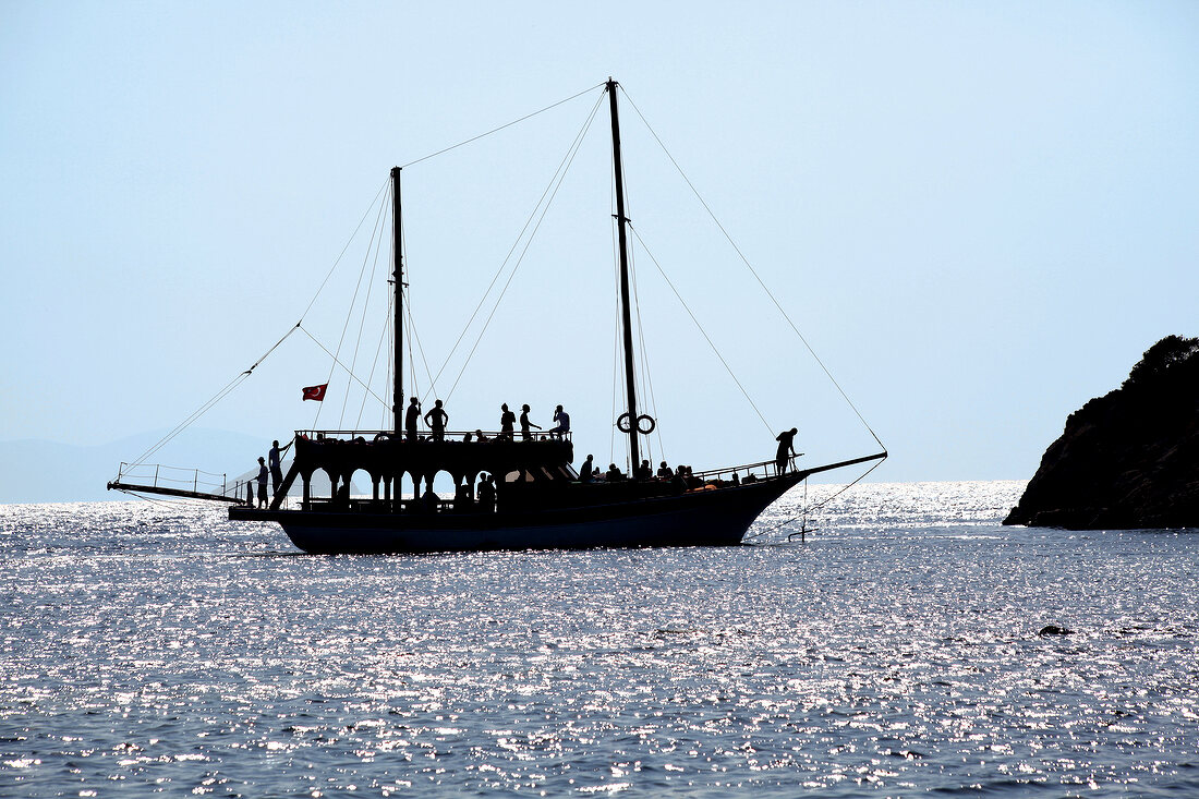 View of ship in Gumusluk, Bodrum Peninsula, Aegean, Turkey