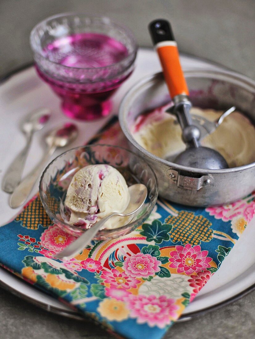 Chamomile flower ice cream with elderberry syrup