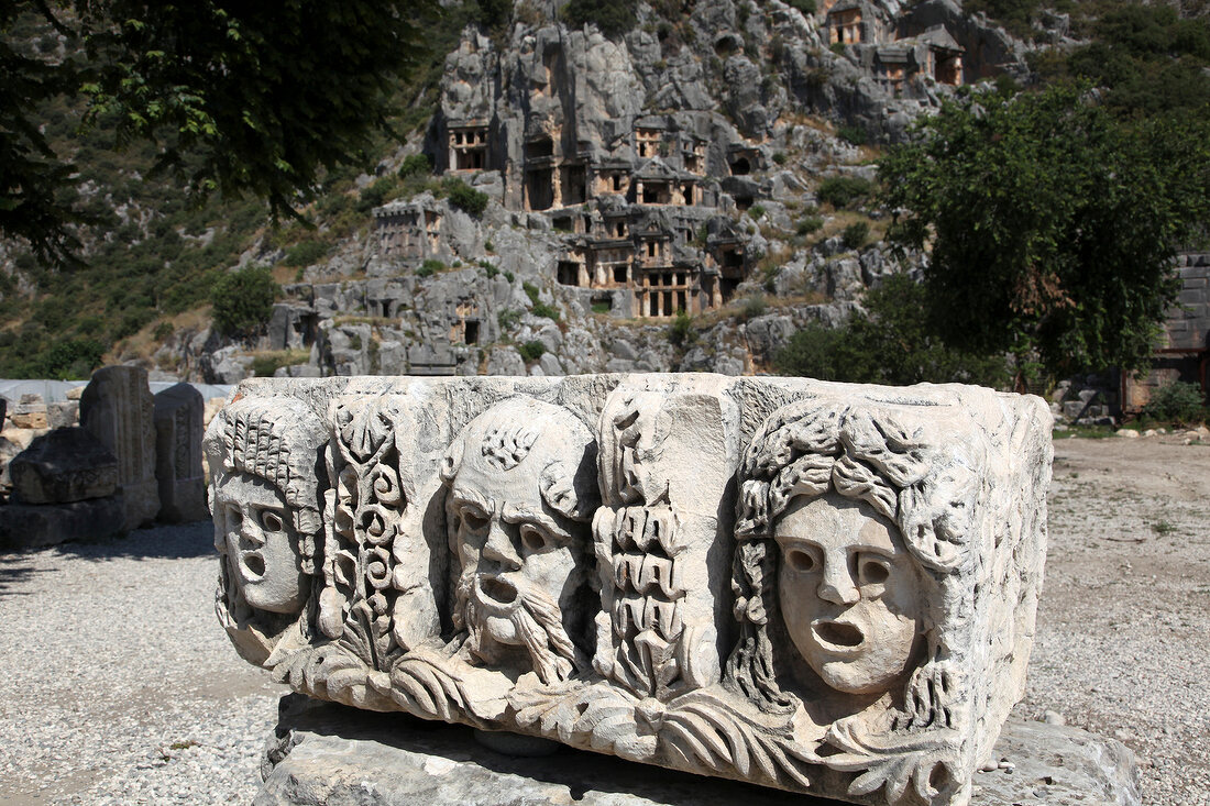View of ruins Relief in Myra, Lycia, Aegean, Turkey