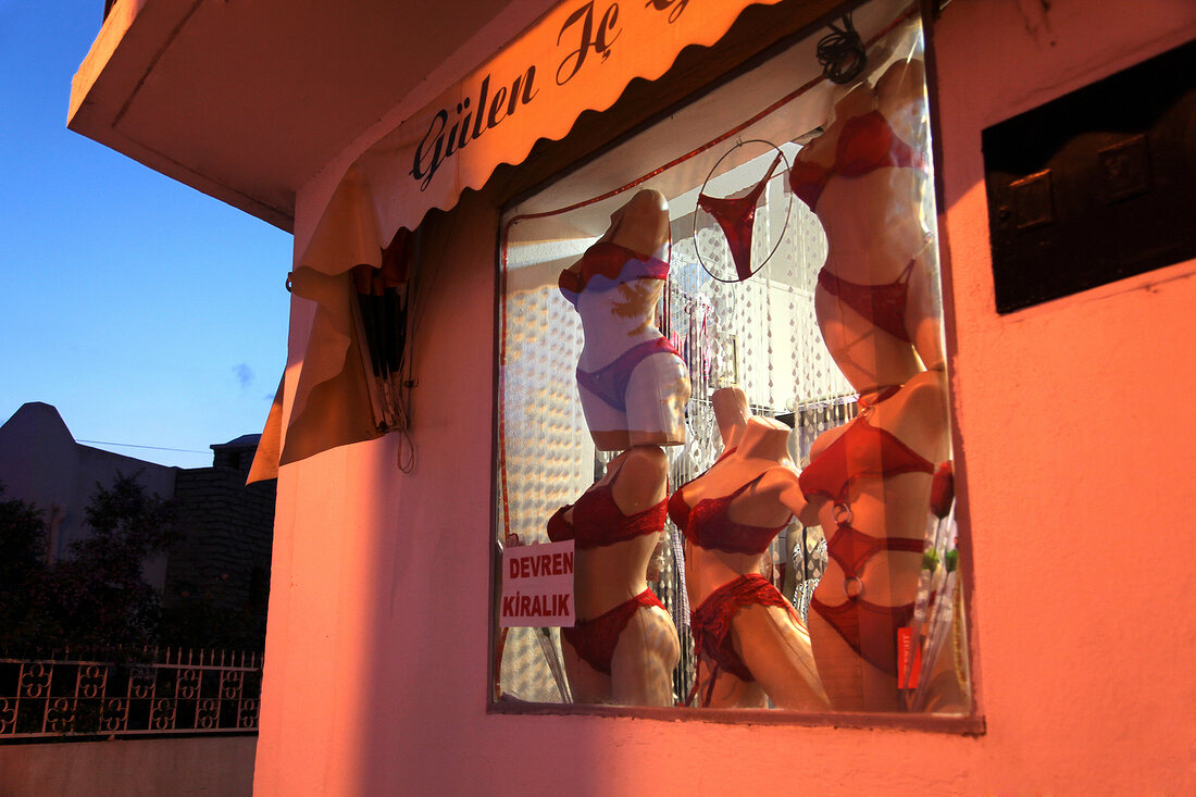Mannequins in window display at lingerie boutique, Bodrum Peninsula, Aegean Region, Turkey