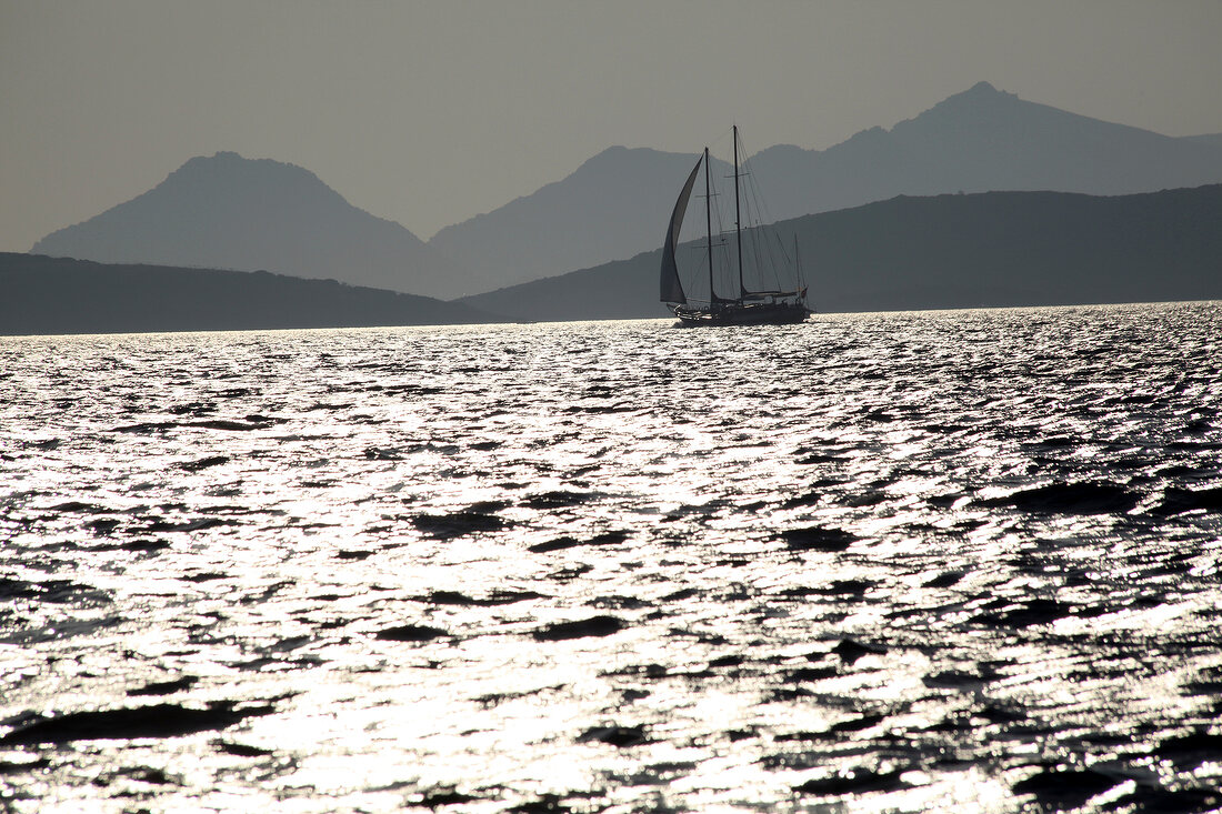 View of boat and mountains in Bodrum Peninsula, Aegean, Turkey