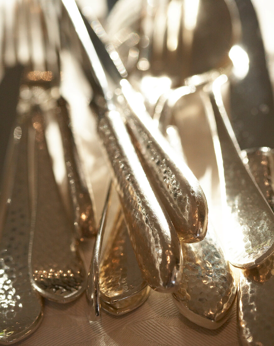 Close-up of silver cutlery in Restaurant Sol'ring Hof Sylt, Germany