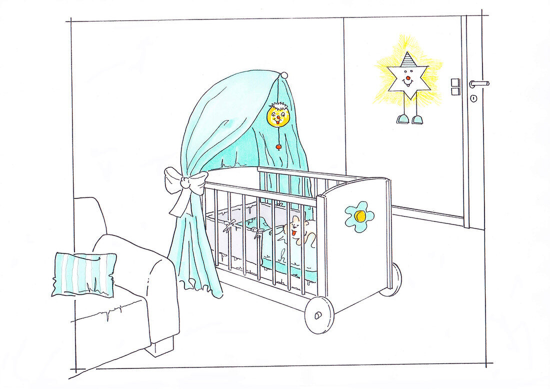 Illustration of crib with canopy in children room
