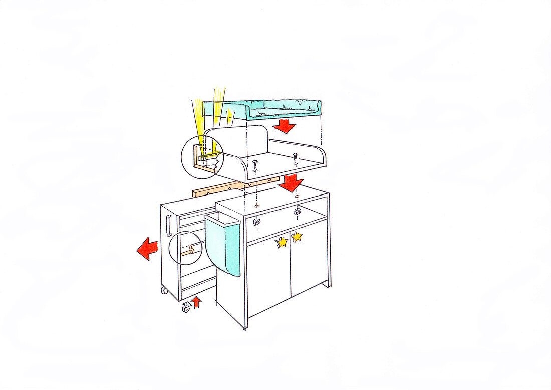 Illustration of convertible table and armchair in children room