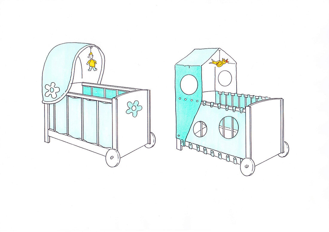 Illustration of two cribs with canopy