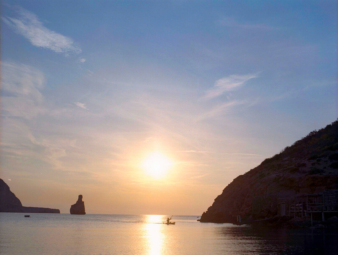 View of bay at sunset in Ibiza island, Spain