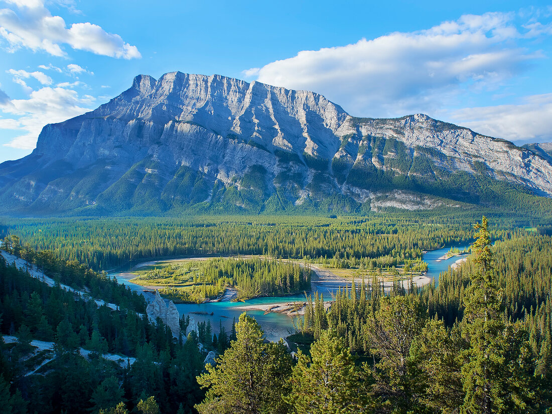 View of Mount Rundle, Bow river and Valley through Banff National Park, Alberta, Canada