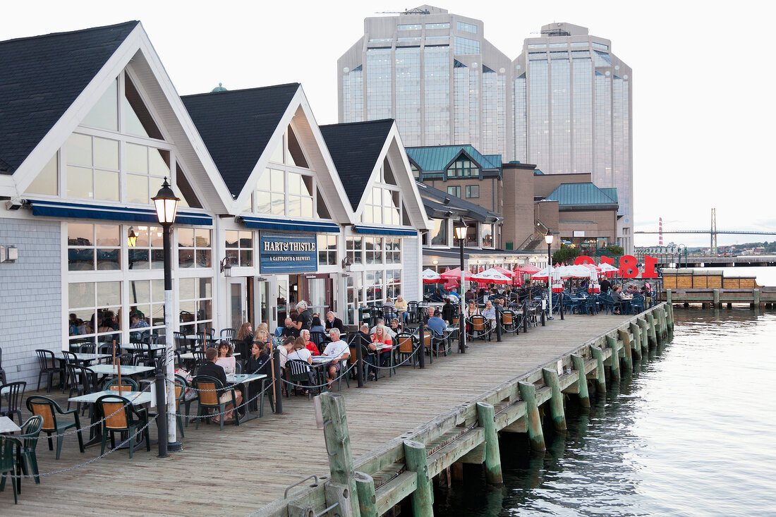 People in restaurant at waterfront, Halifax Regional Municipality, Nova Scotia, Canada