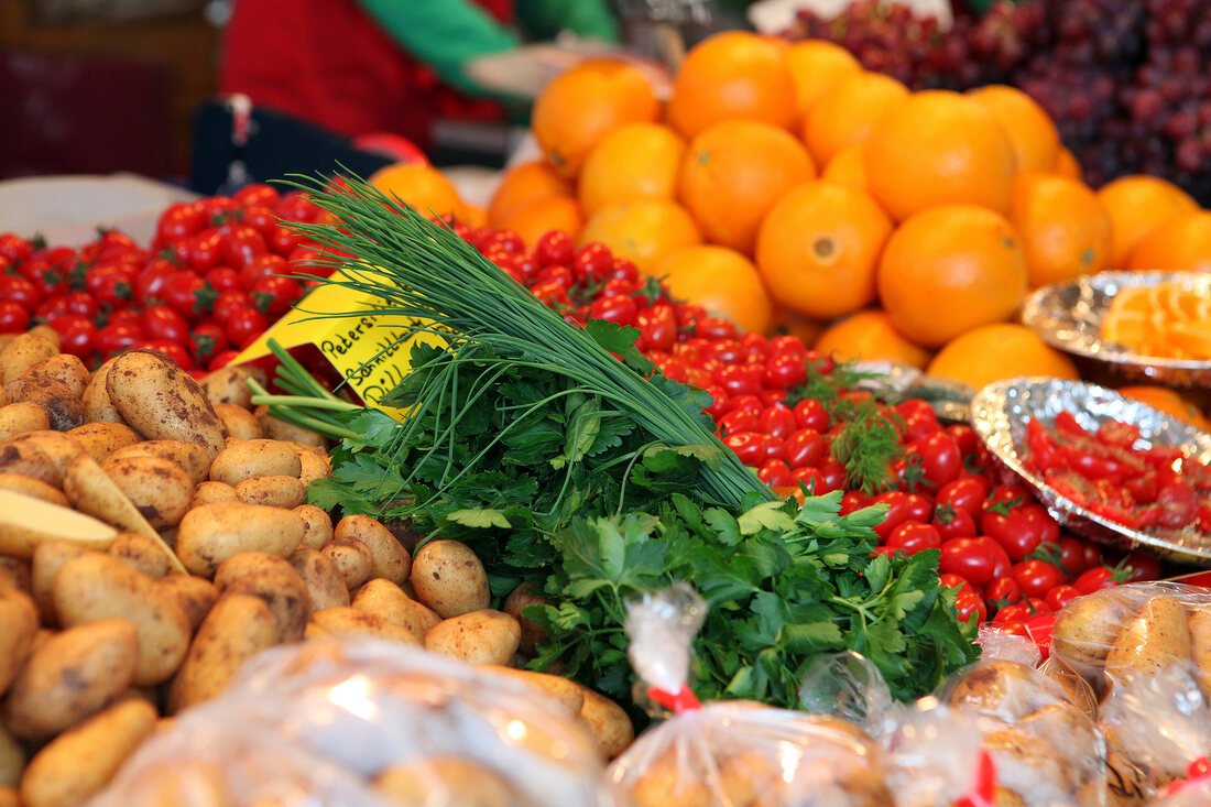 Close-up of various fresh fruits and vegetables in market