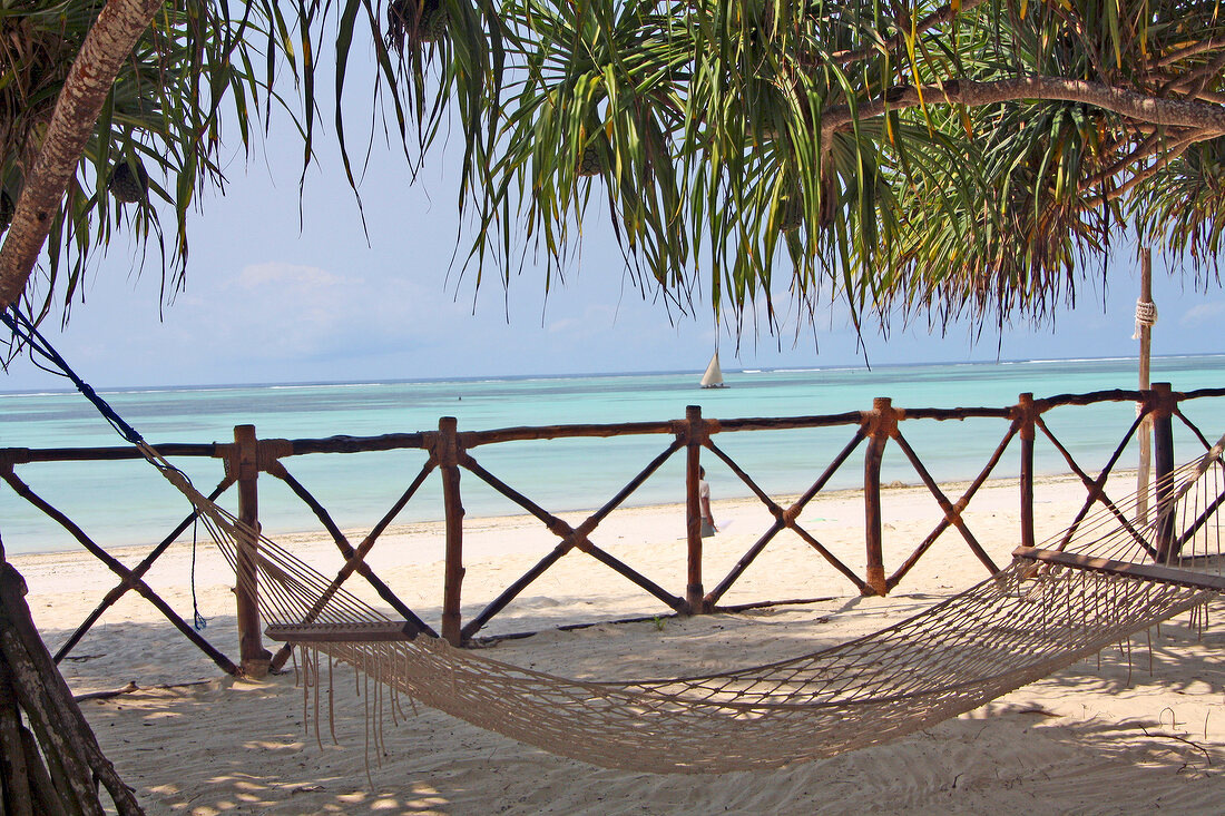 Hammock in front of bamboo fence on beach of Zanzibar, Tanzania, East Africa