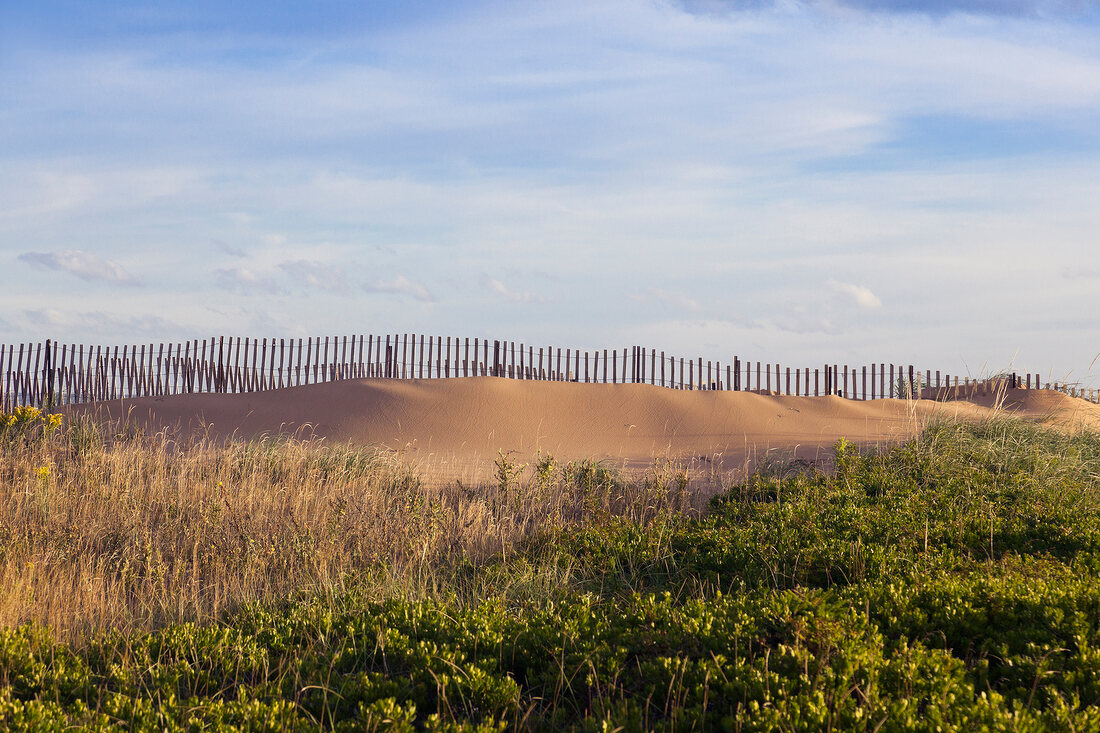 View of wooden fence on sand Prince Edward Island, Canada