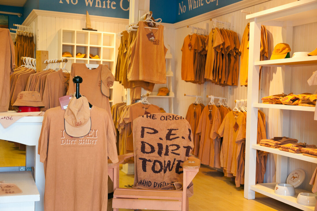 View of different Dirt Shirt in shop at Prince Edward Island, Charlottetown, Canada