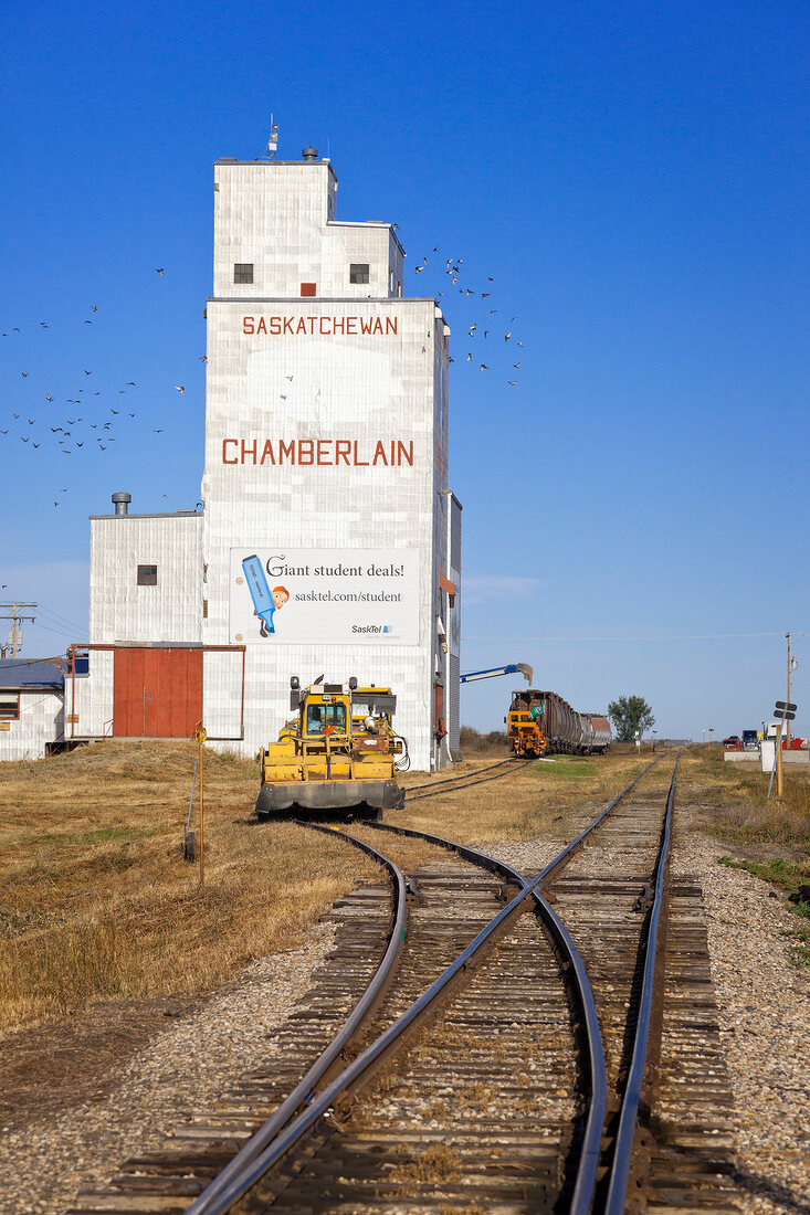 View of granary and railway line in Chamberlain, Saskatchewan, Canada
