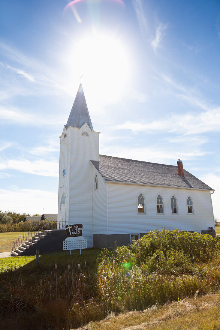 View of white church along Highway 731, Saskatchewan, Canada