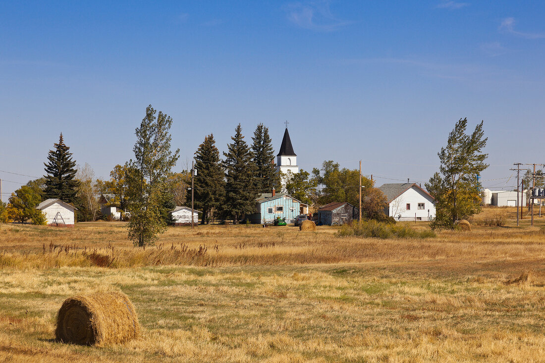 View of truck and houses in Ceylon, Saskatchewan, Canada