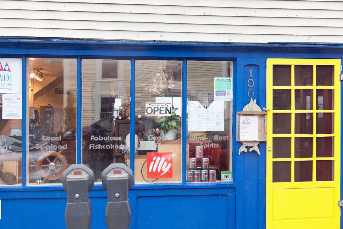 Entrance of Savvy Sailor cafe in Lunenburg, Nova Scotia, Canada