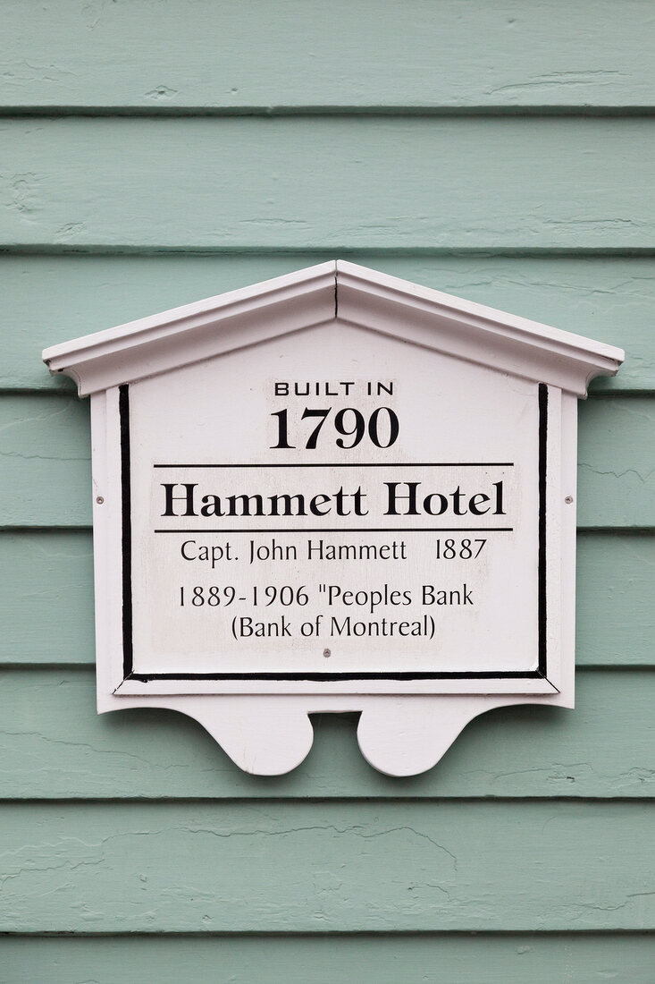 View of Hammet Hotel sign on facade, Nova Scotia, Canada