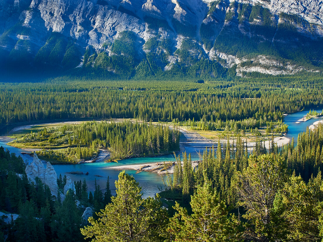 View of Mount Rundle, Bow river and Valley through Banff National Park, Alberta, Canada