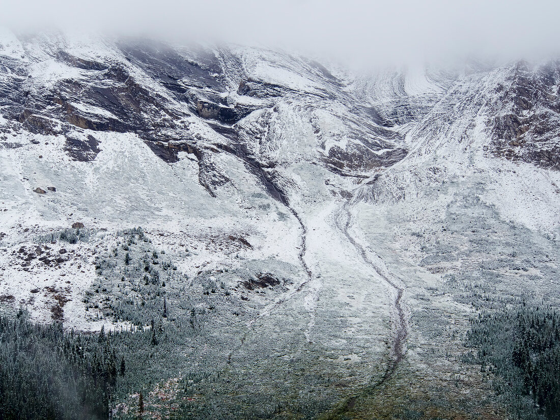 View of Icefield Parkway covered with snow, Banff National Park, Alberta, Canada 